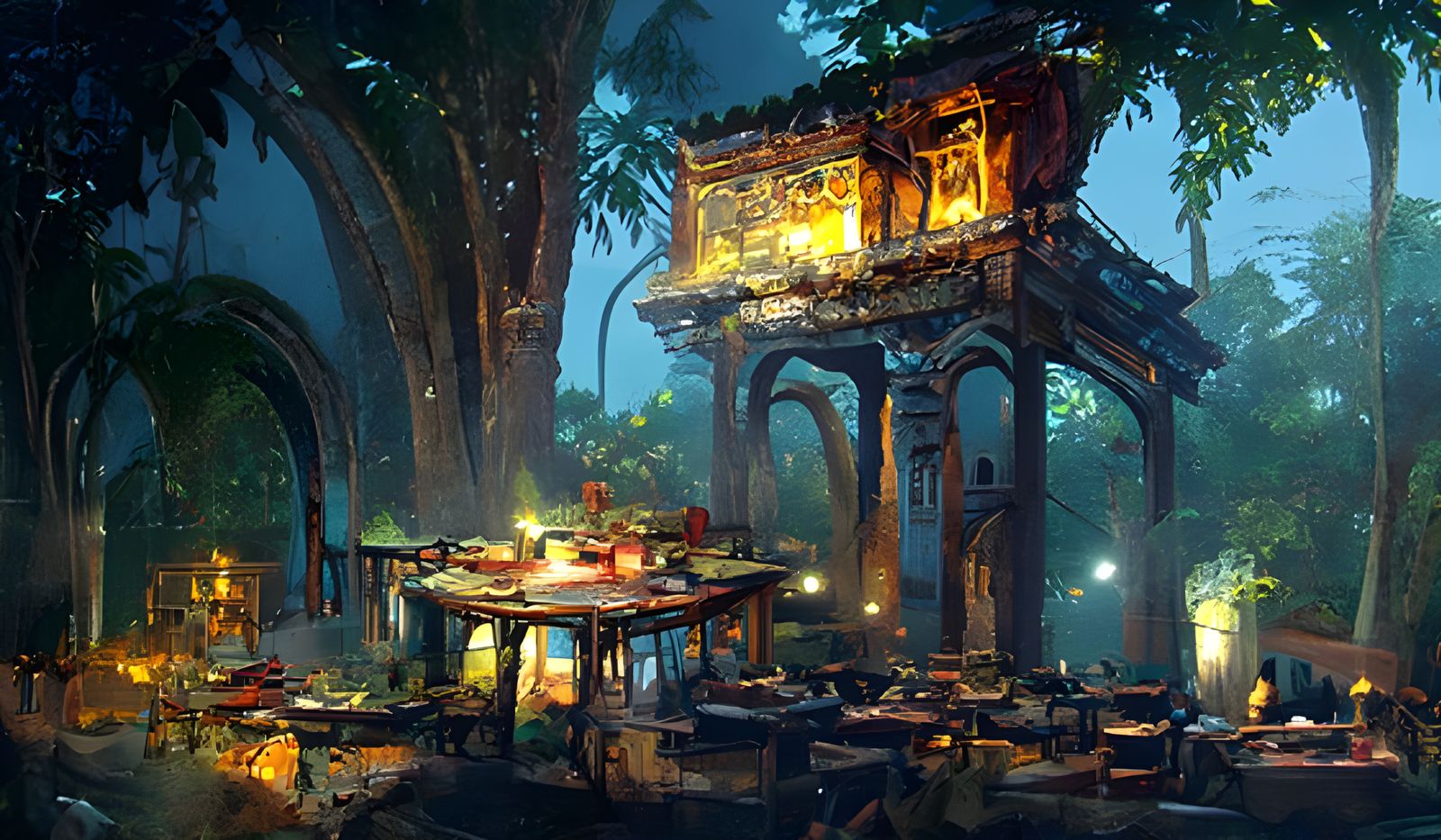 Elaborate Cafe Ruins at Night: Hyperdetailed Painting
