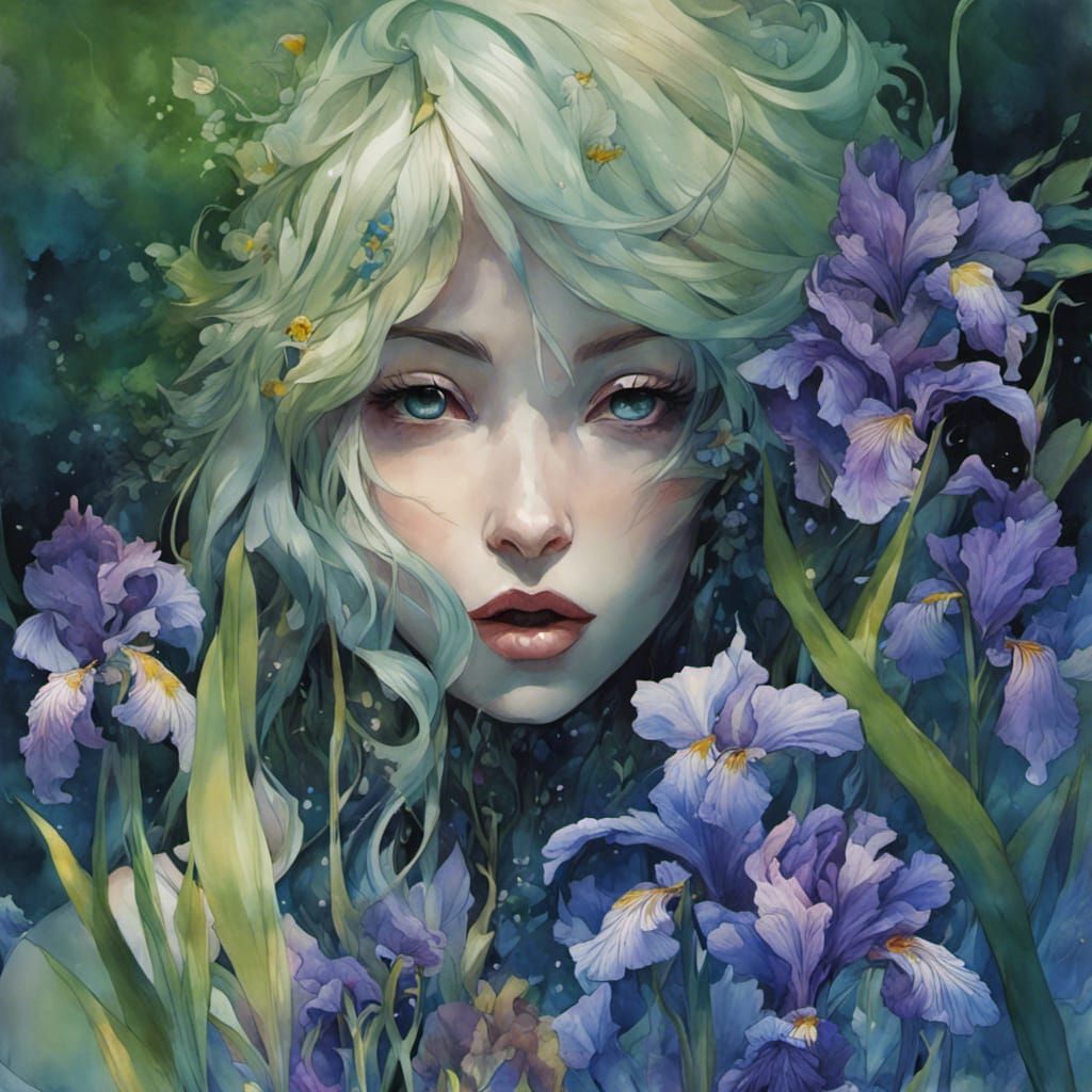 Dreamlike Watercolor: Woman Surrounded by Irises