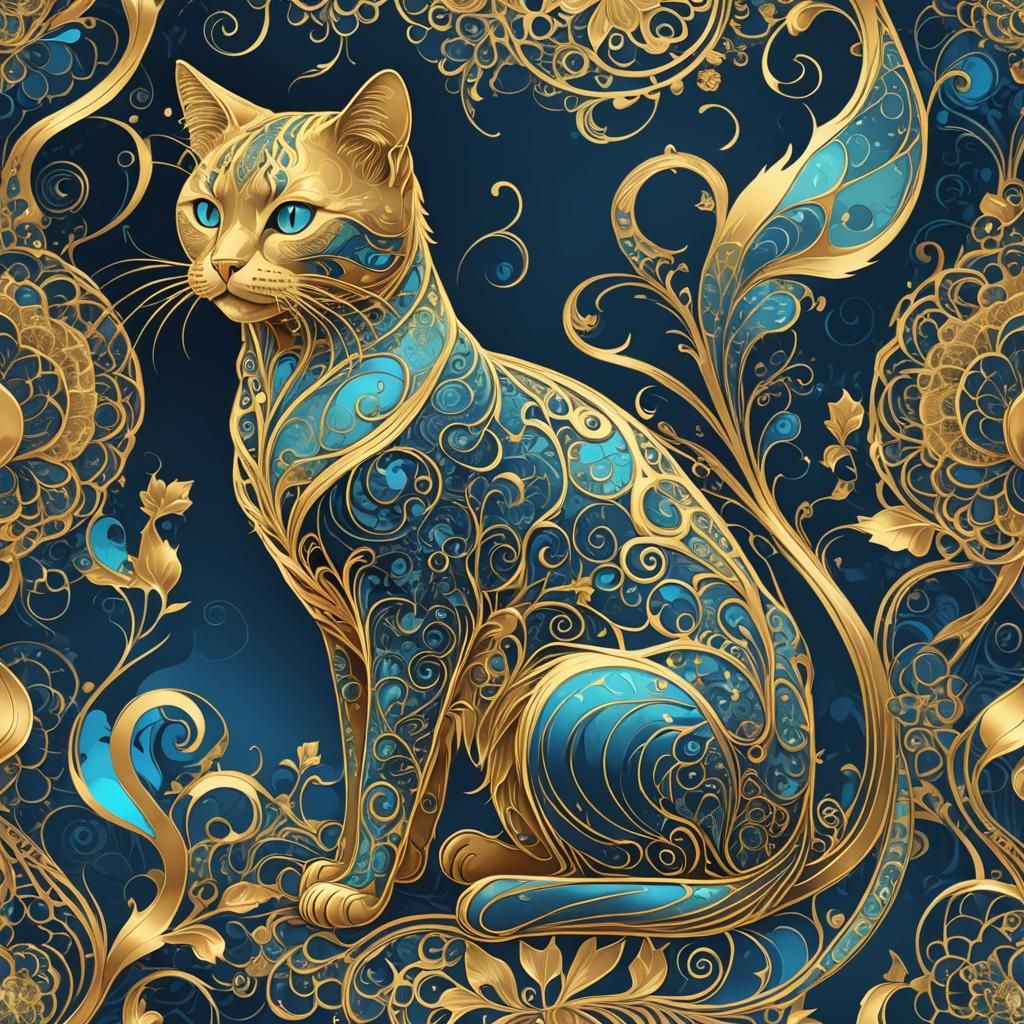 Bioluminescent Gold Cat in Art Nouveau Style