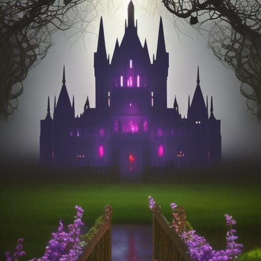 Ethereal Gothic castle covered in vines with Beautiful flowers blossom being all around it& ethereal vibes& magical vibe...