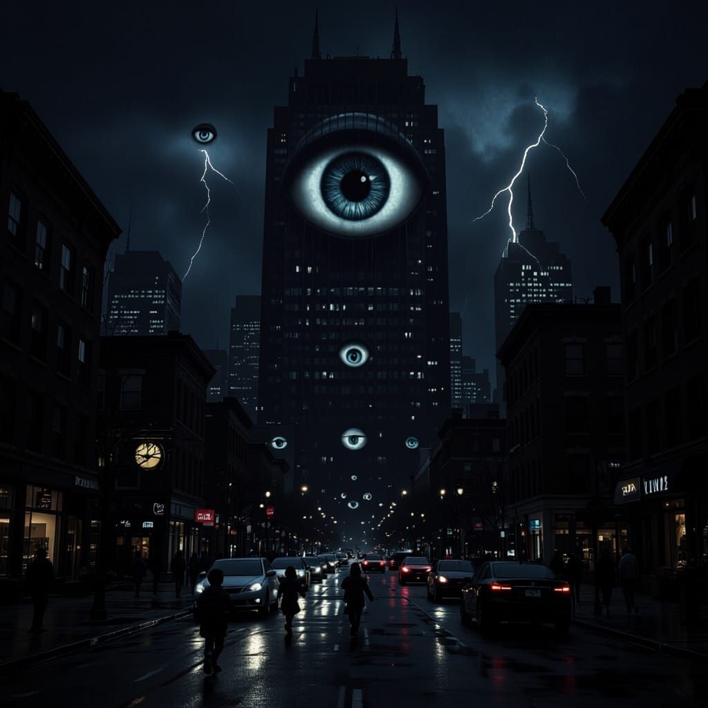 Ultra Realistic Townscape with Surveillance Eyeball Building