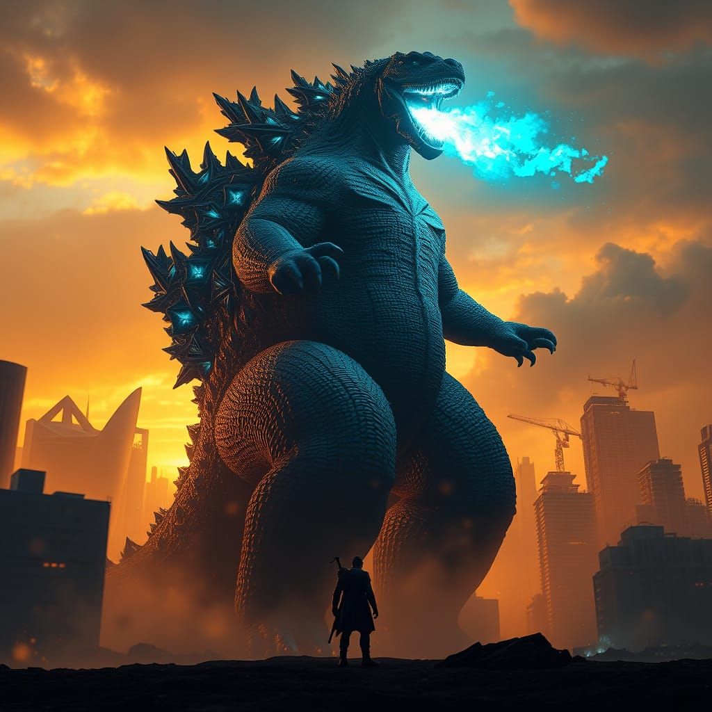 Majestic Godzilla Rises Amidst Cityscape in Hyperrealistic S...