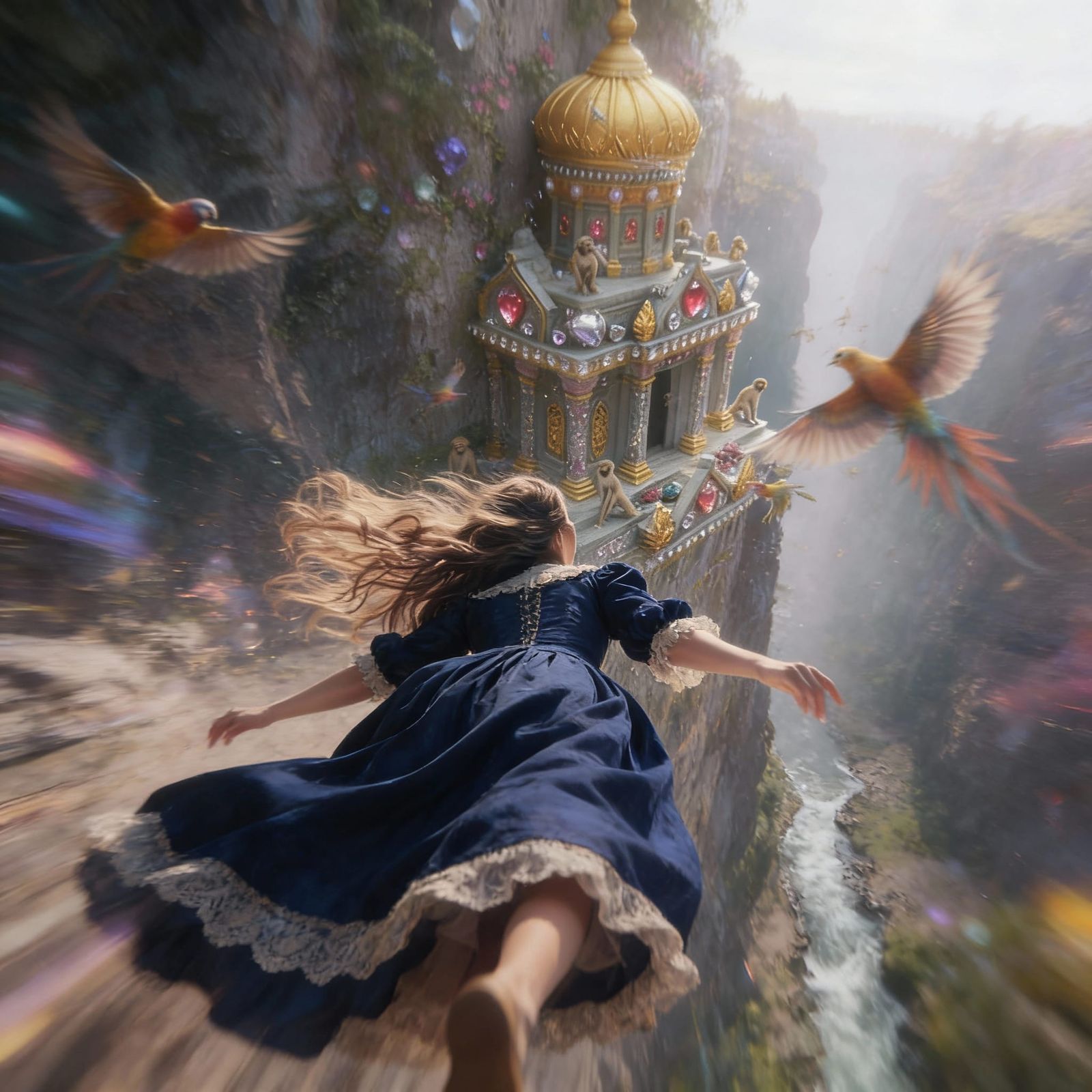 Woman Falling Off Cliff in Dreamlike Blur