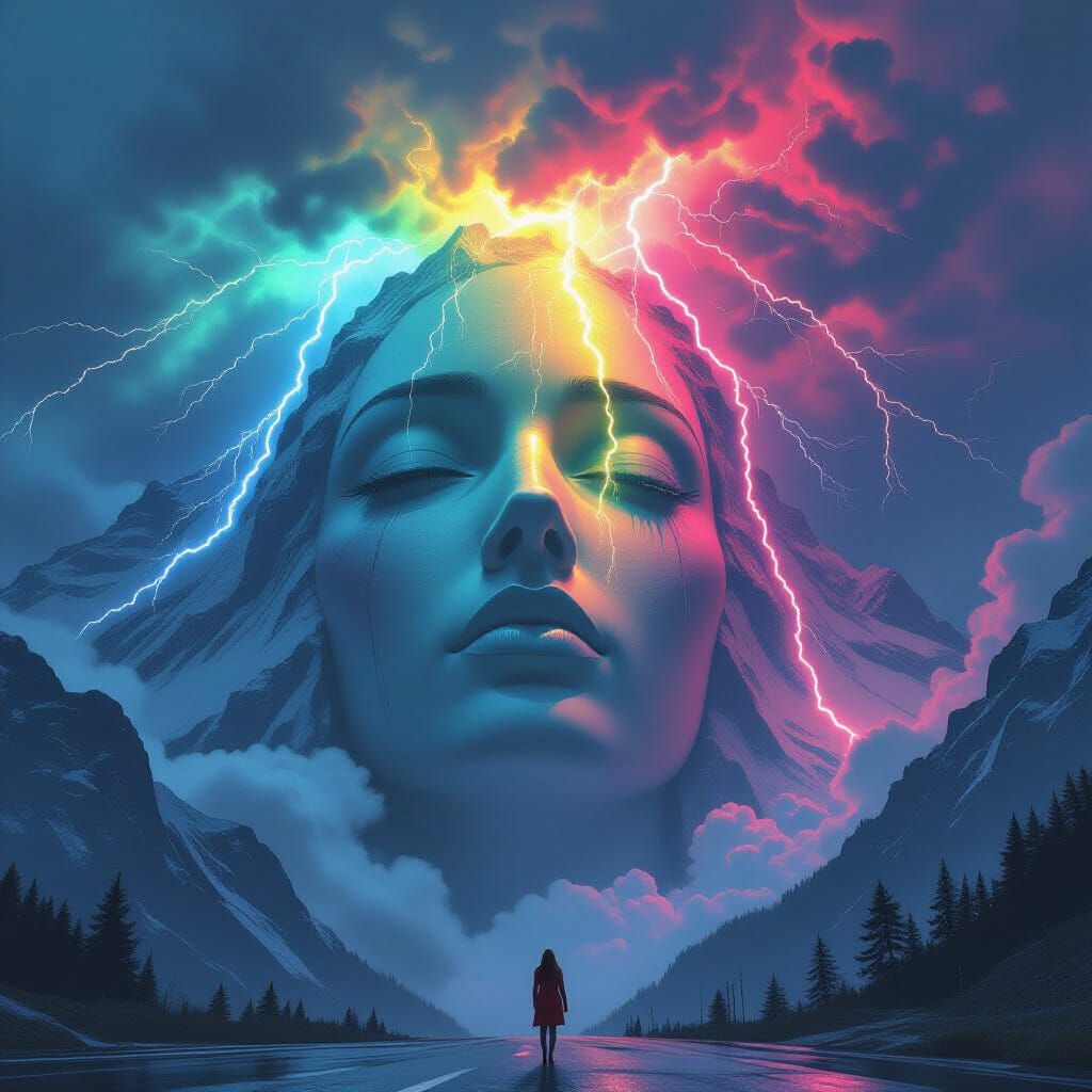 Stormy Swiss Alps Landslide Through Woman's Face