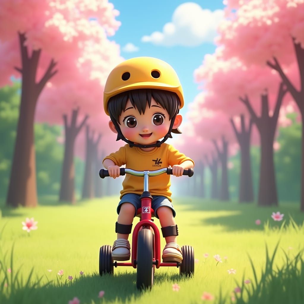 Child Learns to Ride Bike in Anime Style