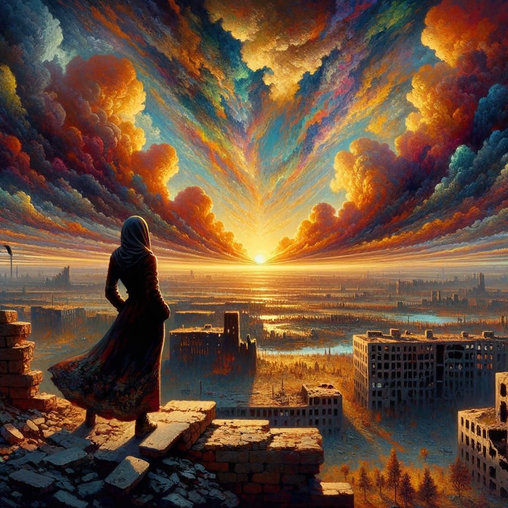 Post-Nuclear Dawn: Woman Gazing at Sunrise