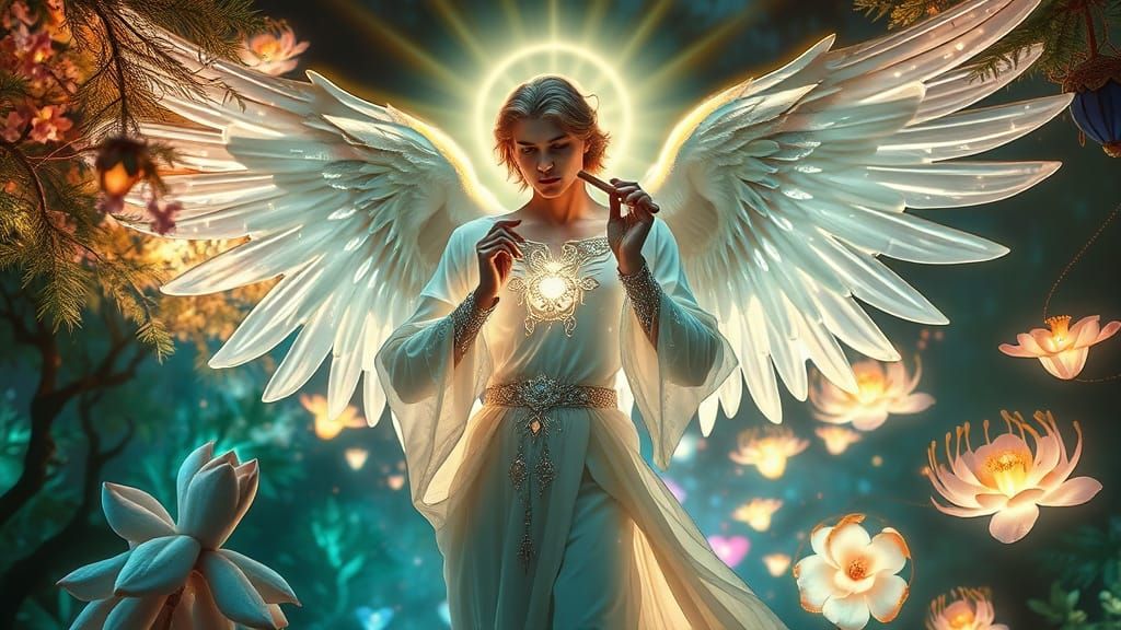 Serene Archangel in Vibrant Garden of Light