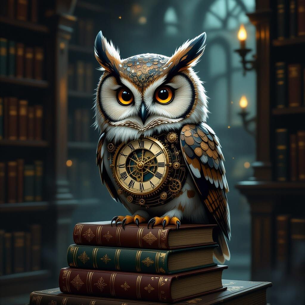 Clockwork Owl on Books in Dusty Library