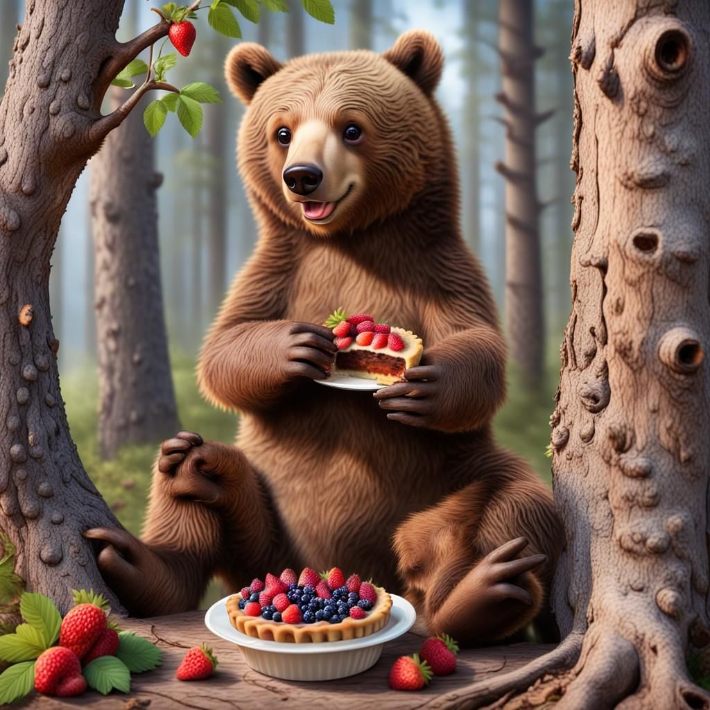 Cute Brown Bear Enjoying Pecan Pie in Nature