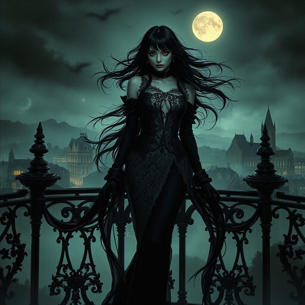 Gothic Vampire Woman on Balcony Overlooking Misty City