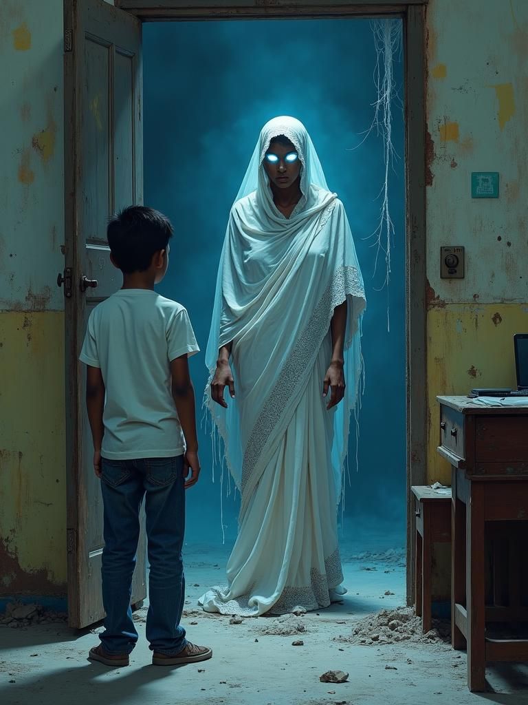 Eerie Encounter: Boy and Ghost in Abandoned Room