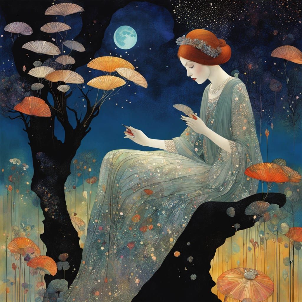 Enchanting Moonlight Nature Scene with Iridescent Filigree