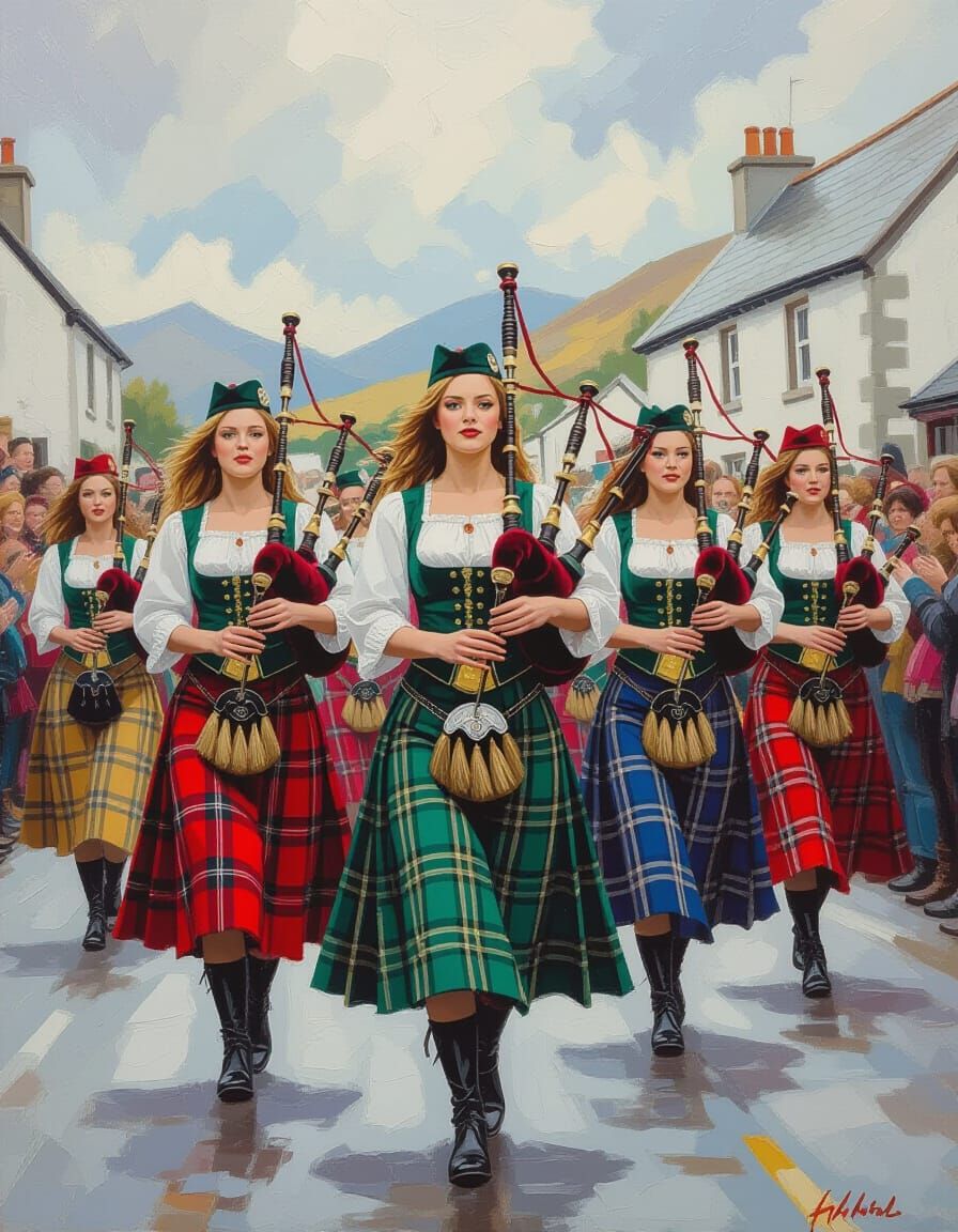 Scottish Women's Bagpipe Parade in Highlands Oil Painting