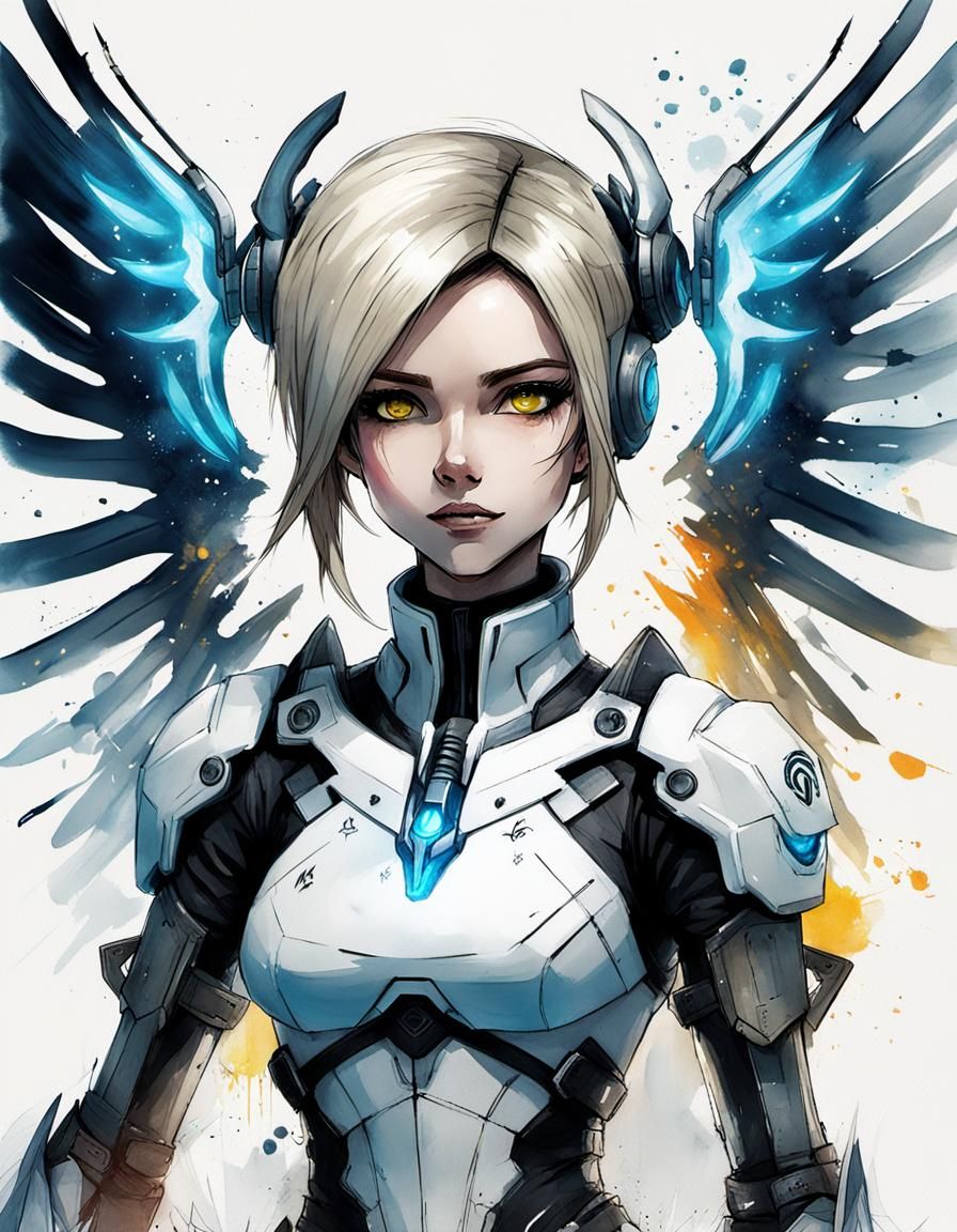 Mercy Overwatch Bioluminescent Anime Watercolour Illustratio...