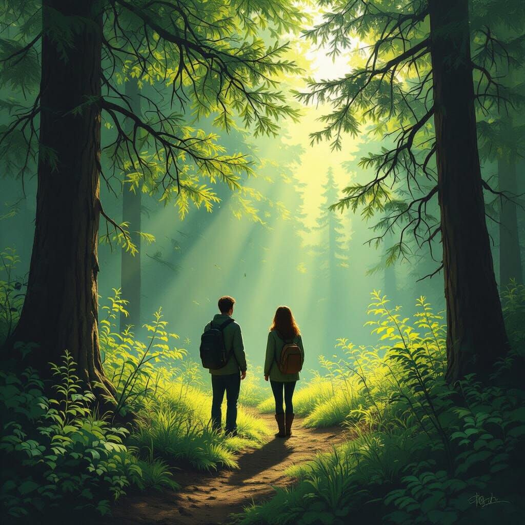 Two Figures in a Lush Green Forest