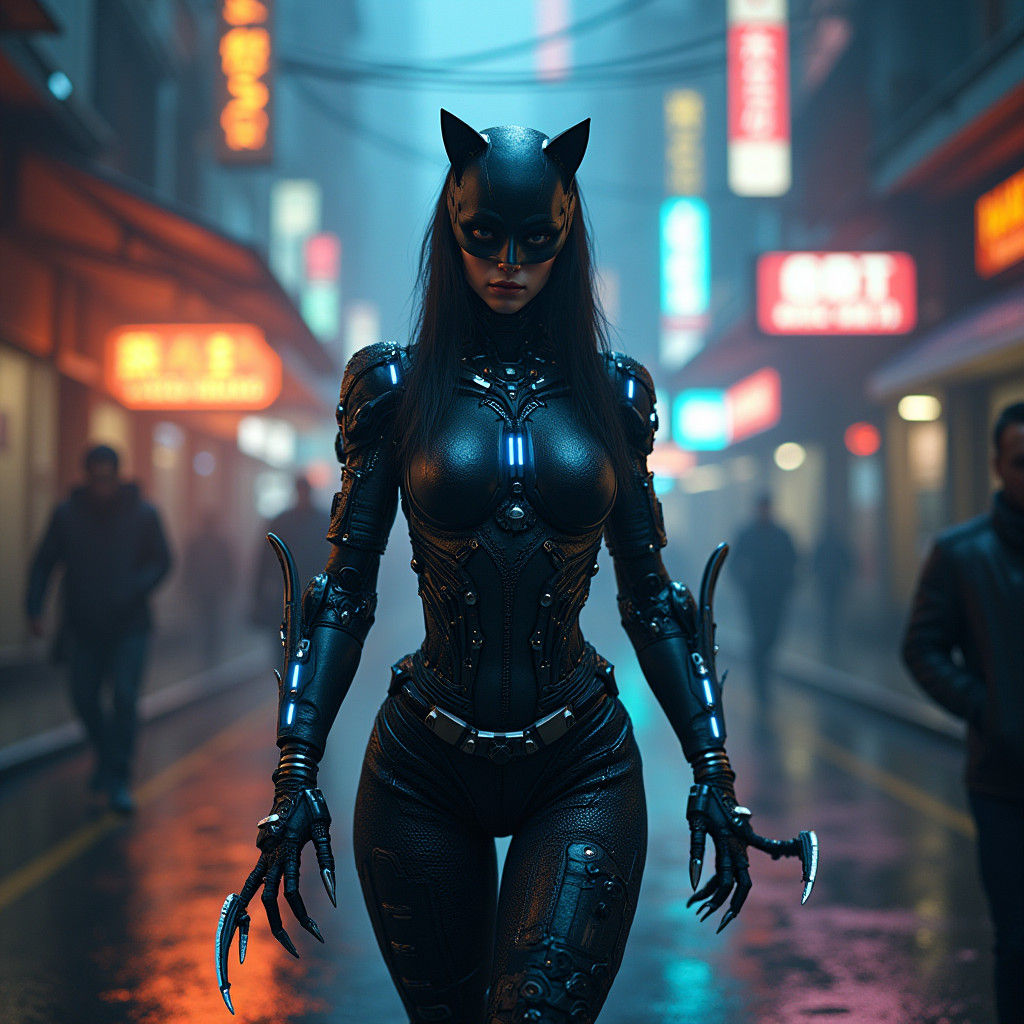 Cyborg Catwoman in Dystopian Metropolis