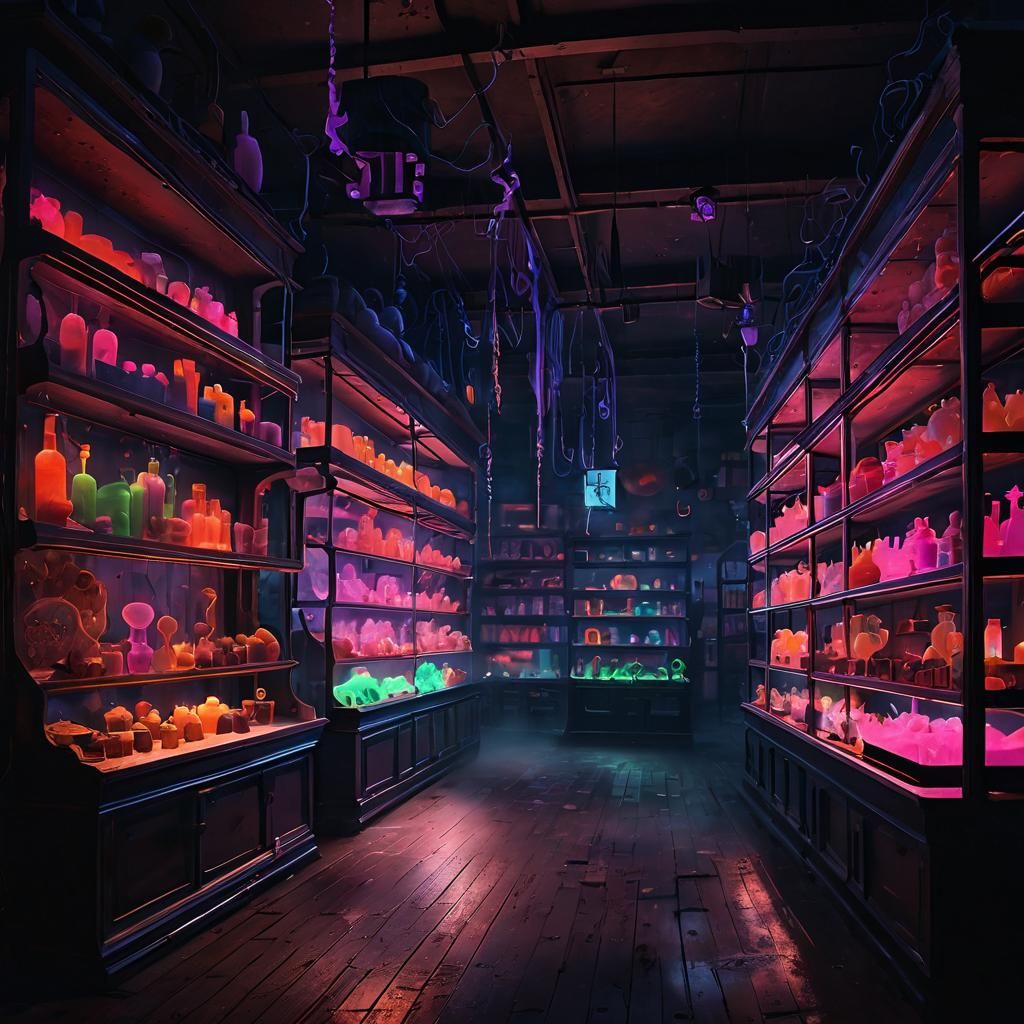 Neon Magic Shop Warehouse with Floating Artifacts