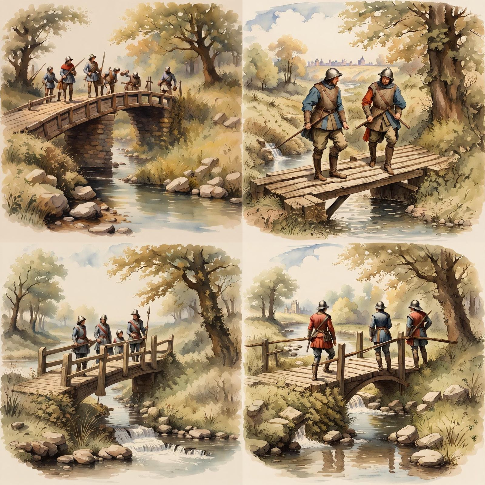 Medieval Soldiers Guarding a Bridge: Lithograph Illustration