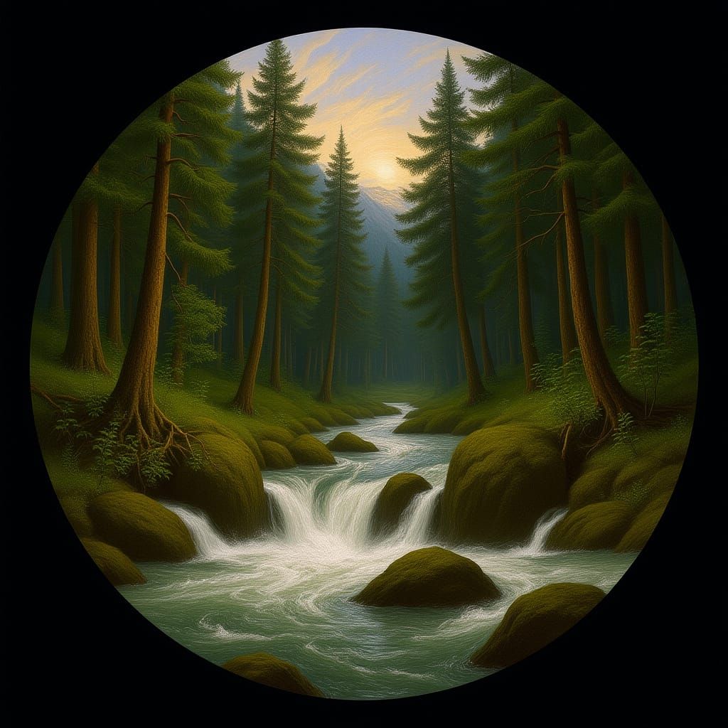 Purple Log Cabin in Forest, Landscape Painting Style