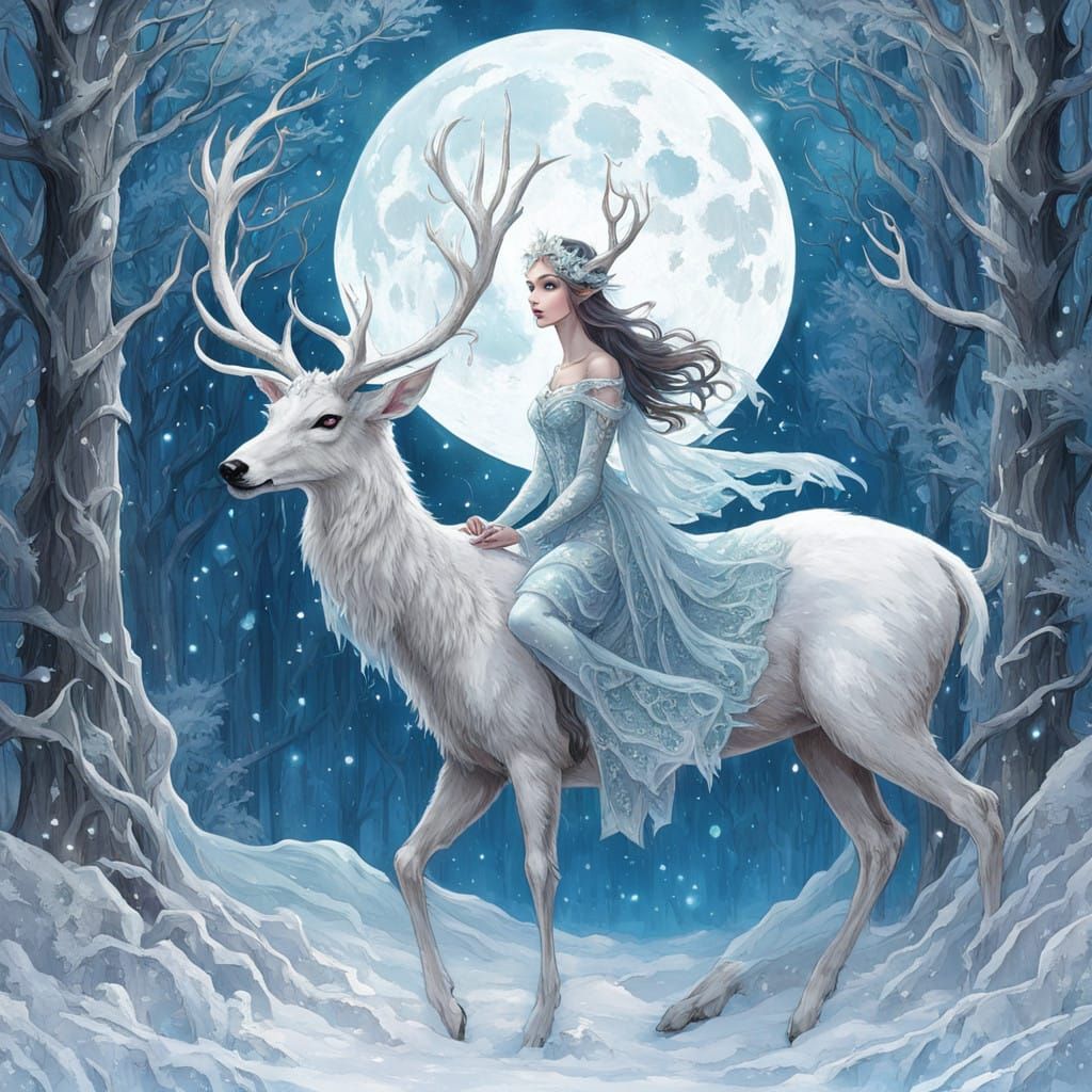Ethereal Ice Elf Maiden Encounters a Majestic White Deer in...