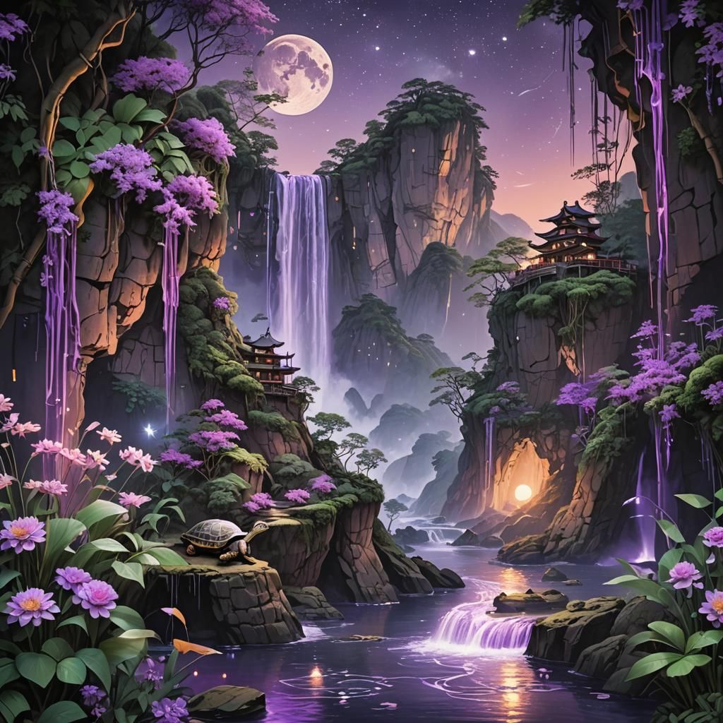 Glowing Purple Waterfalls with Starry Sky