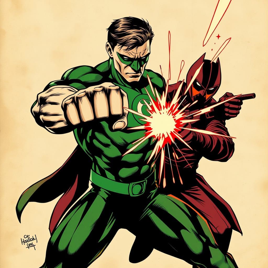 Green Lantern Fights Sinestro Corps in Vintage Comic Style