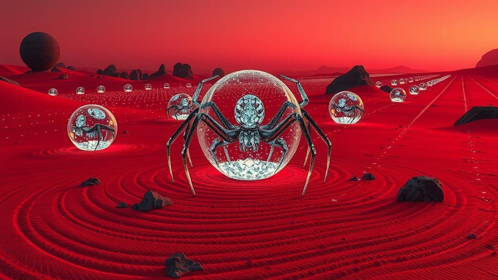 Zen Garden Spiders on Mars in Surreal Style