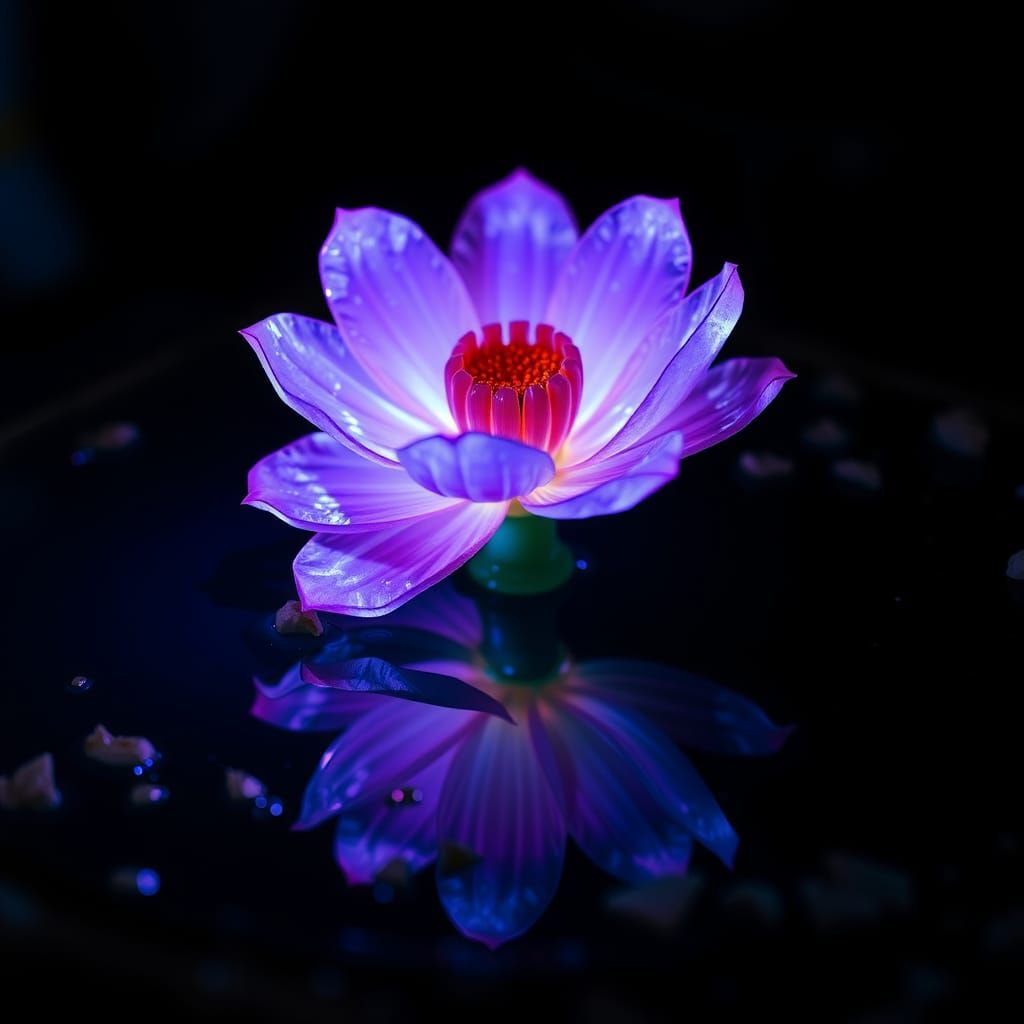 Luminescent Crystal Flower Reflected in Water