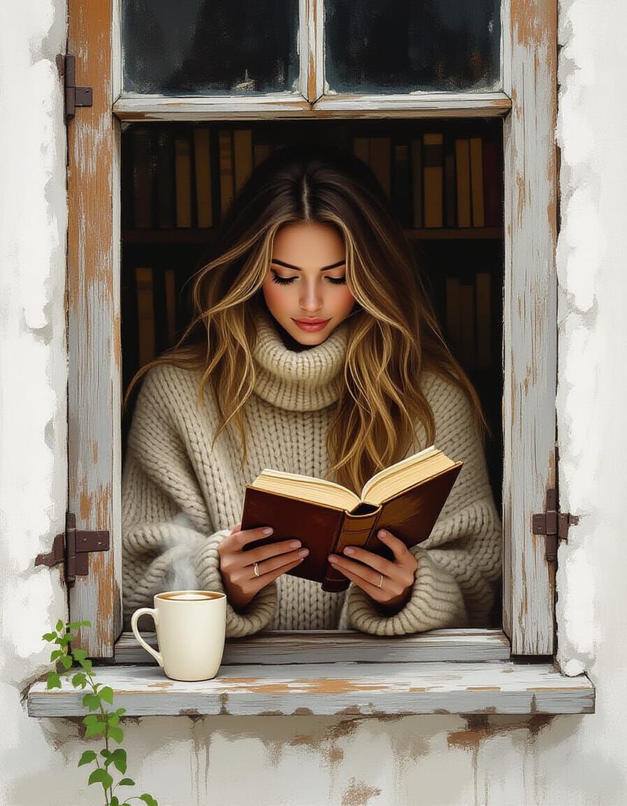 Woman Reading by Window in Impressionist Style