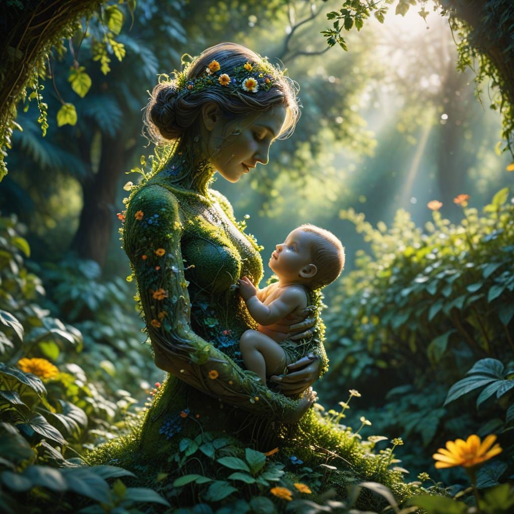 Hyperrealistic Garden Woman Holding Baby