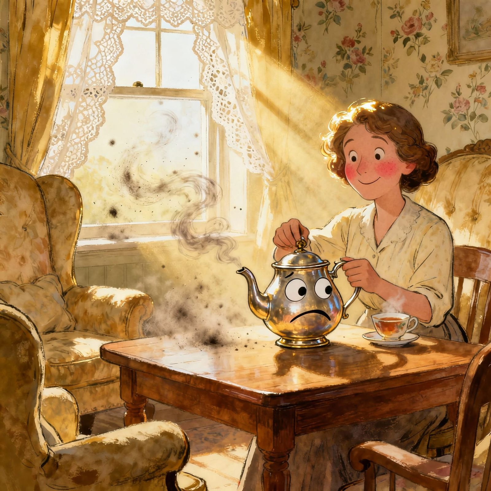 Storybook Illustration: Woman Pours Tea From Frightened Teap...