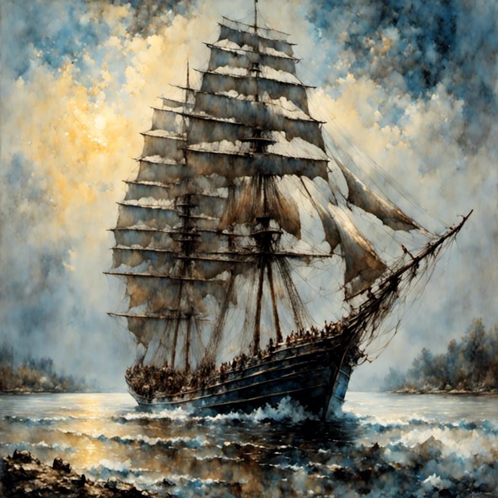 Sailboat on the Mississippi River in Encaustic Style