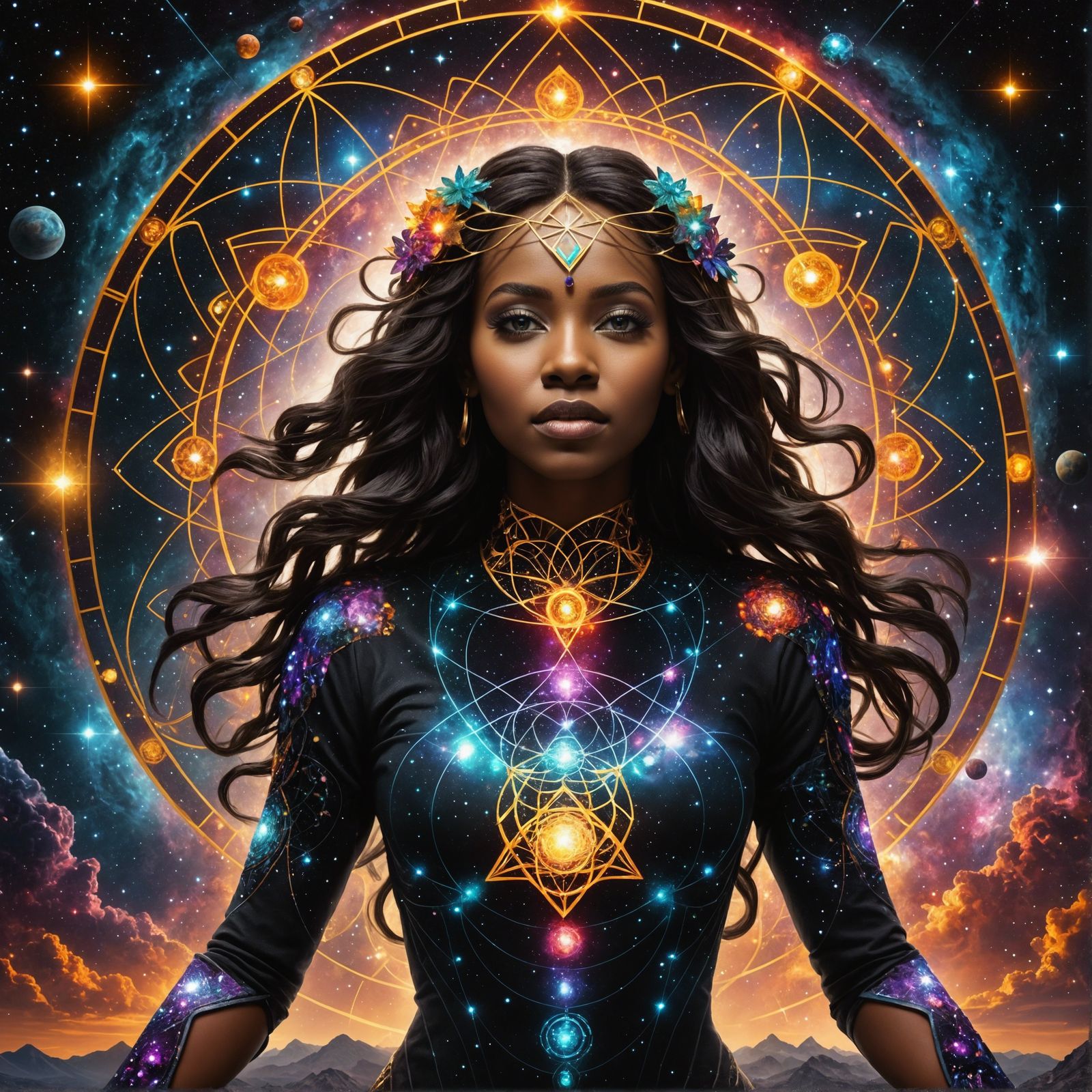 Woman with Glowing Chakras in Cosmic Galaxy