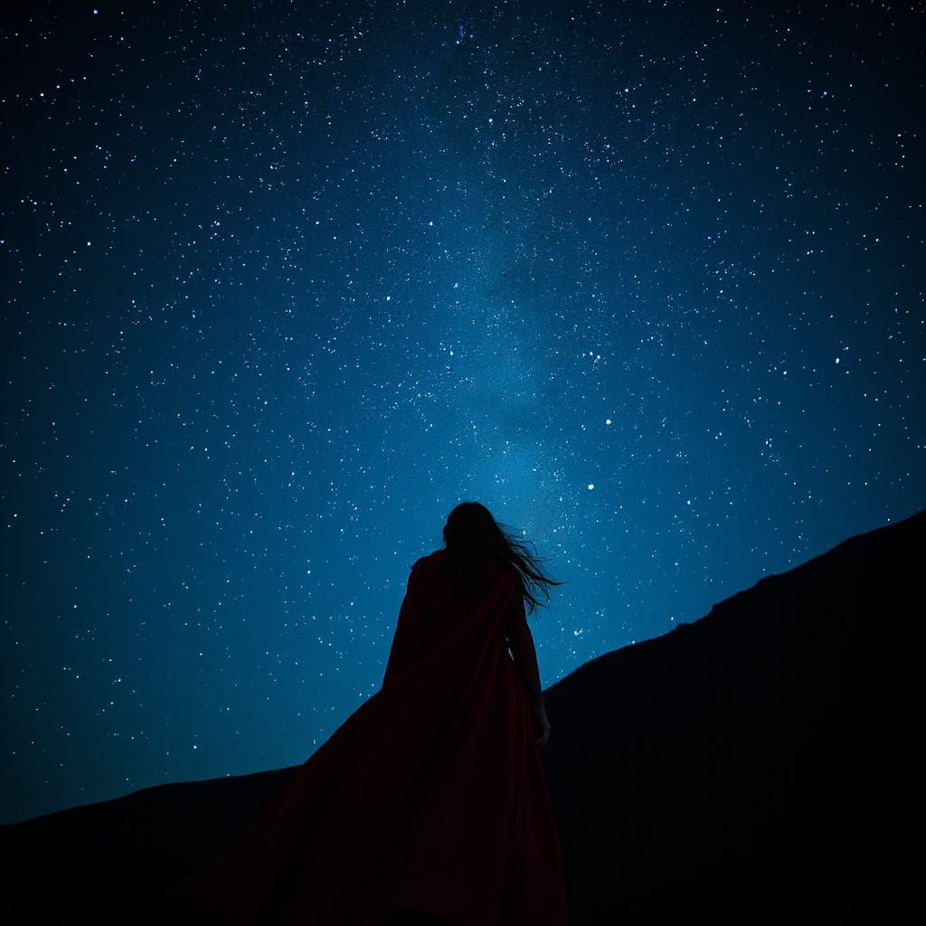 Woman Gazing at Constellations in a Starry Night Sky