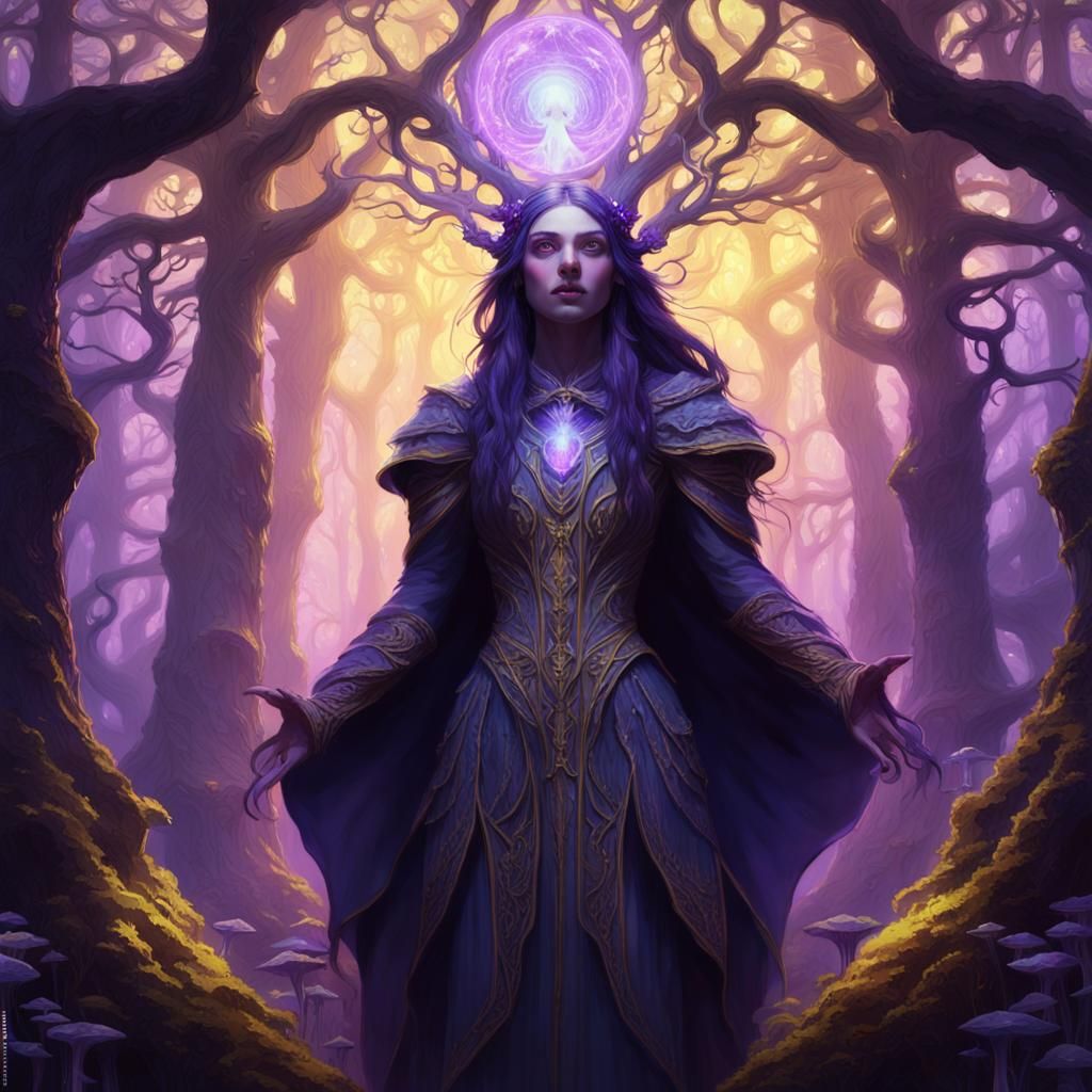 Aasimar Sorceress in Mystical Forest, Inspired by Art Nouvea...