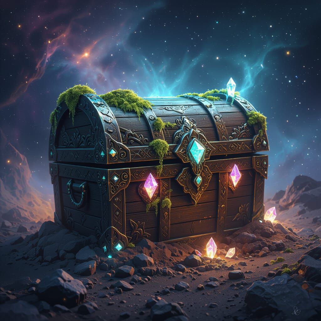 Cosmic Treasure Chest with Bioluminescent Moss