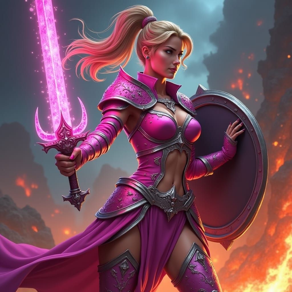Pink Paladin with Flaming Sword in Comic Style