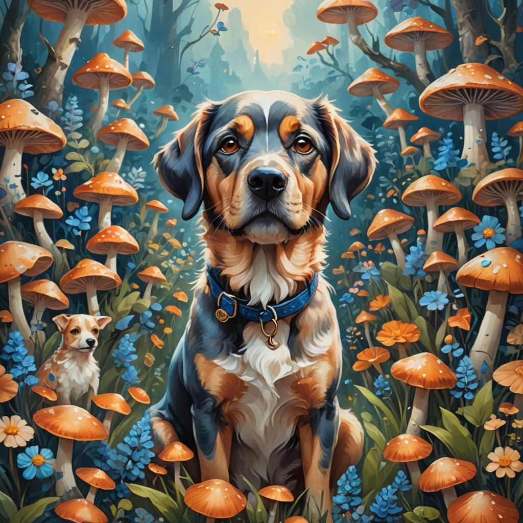 Fantasy Dog Portrait in Vibrant Garden, Oil Painting