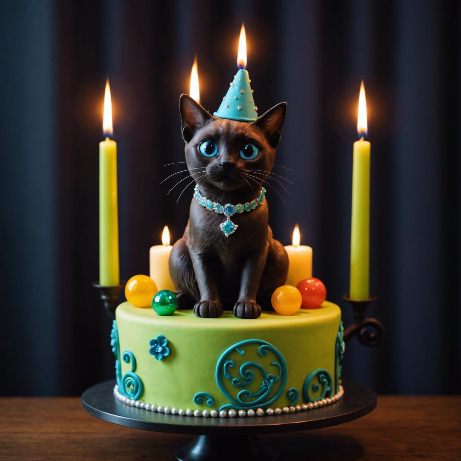 Siamese Cat Regally Perched on Birthday Cake