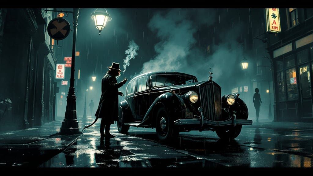 Noir Cat Detective Inspects Bullet-Riddled Car