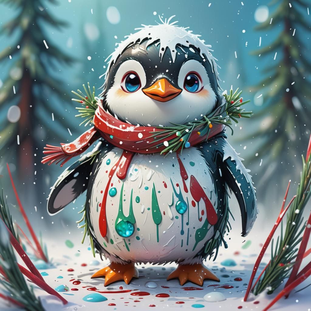 Whimsical Chibi Penguin Amidst Sparkling Snowflakes