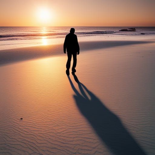 Man Walks on Beach at Sunset