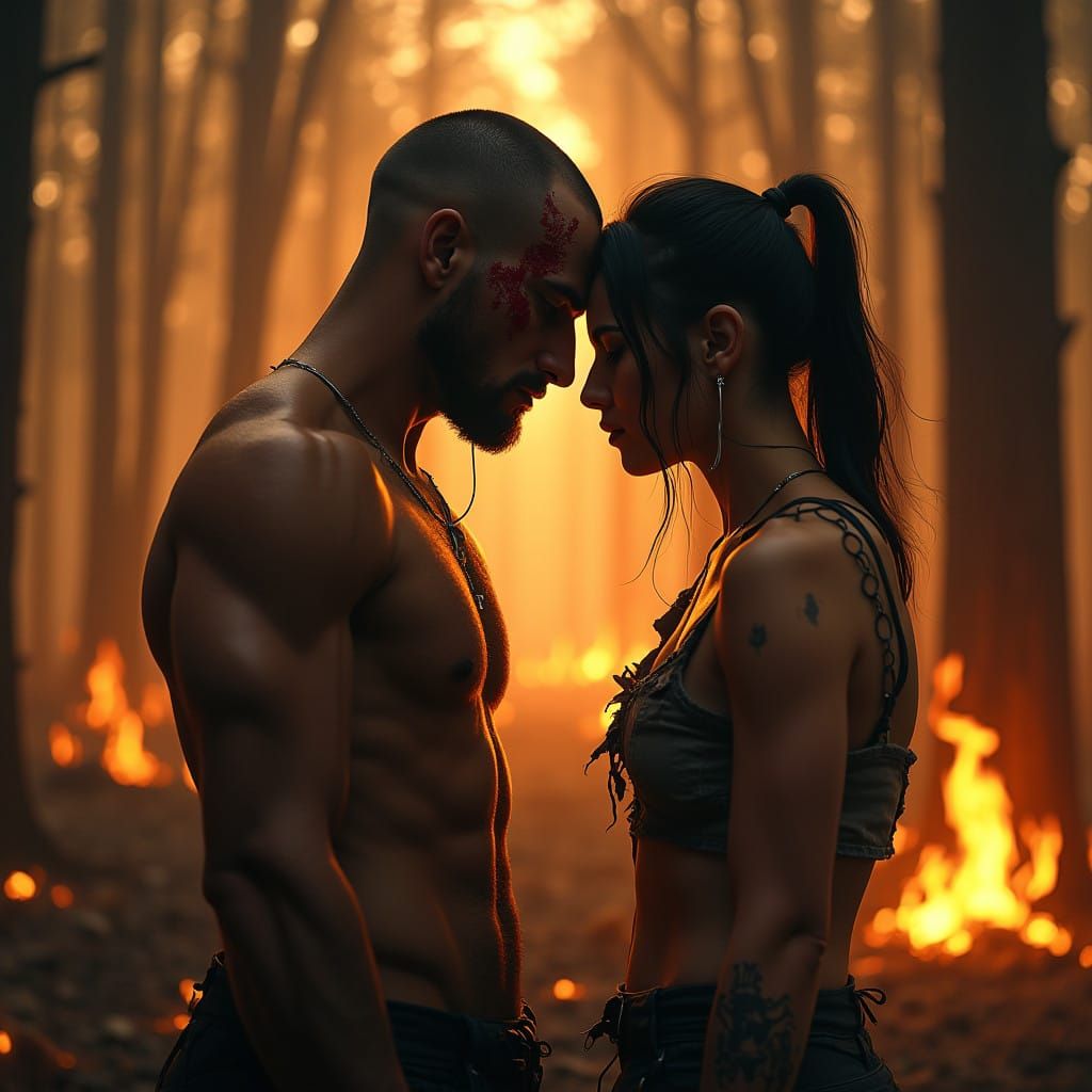 Epic Burning Forest Encounter in Dramatic Realism