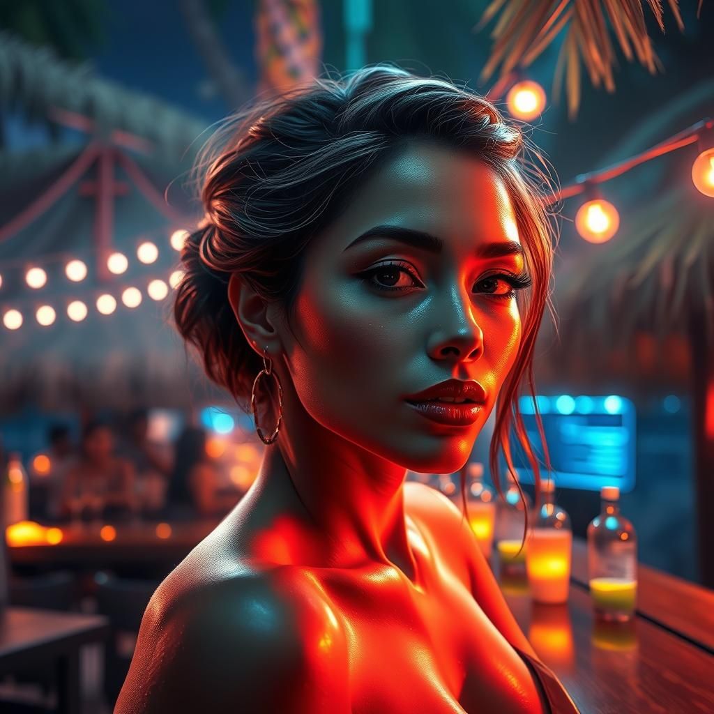 Nighttime beach party, tiki bar, j. Scott Campbell art style, stunning body, highly detailed, a supermodel, quality, ful...