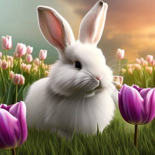 Spring Bunny And Tulips