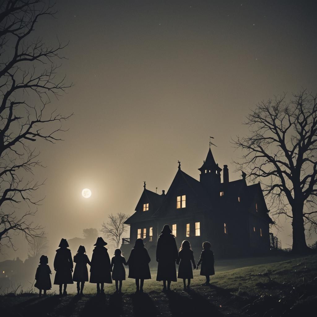 Spooky House on a Hill at Night