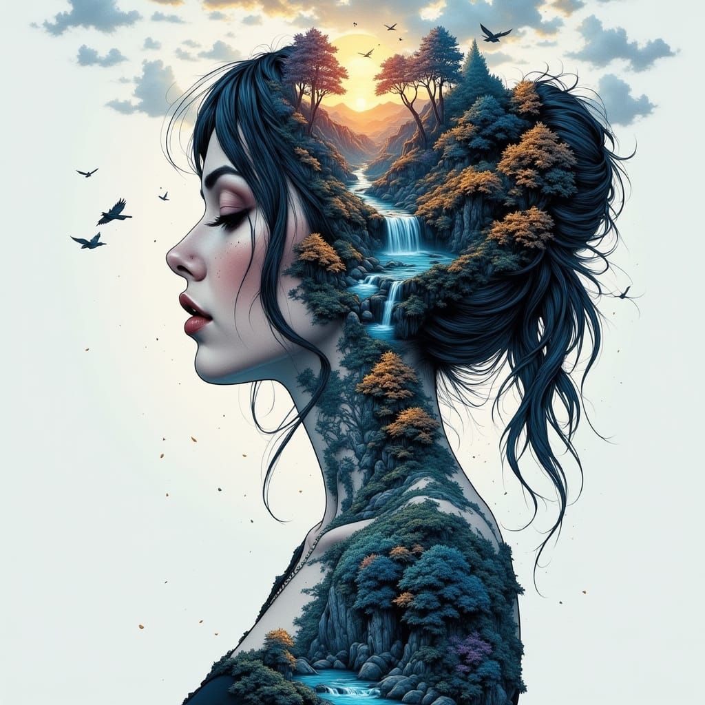 Mystical Woman Blends with Ethereal Twilight Forest