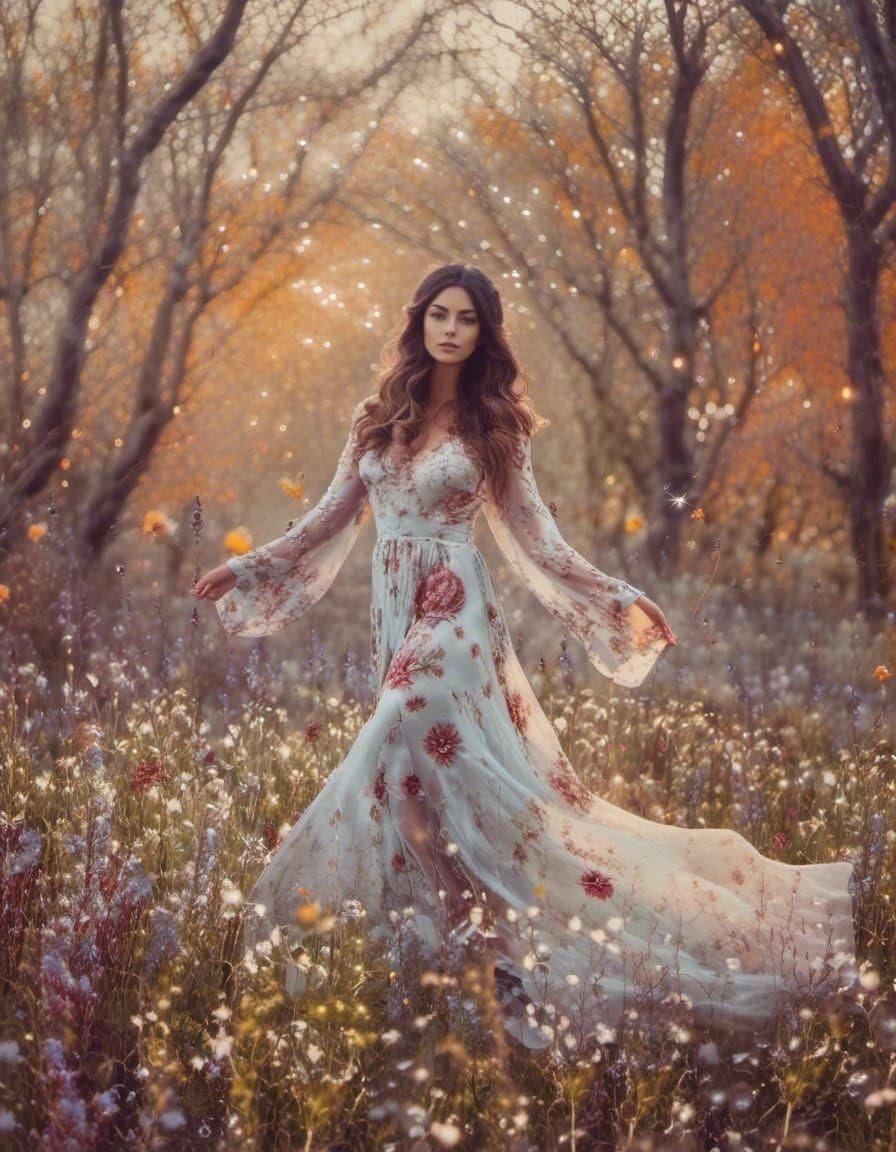 Woman in Wildflower Field with Galaxy Double Exposure