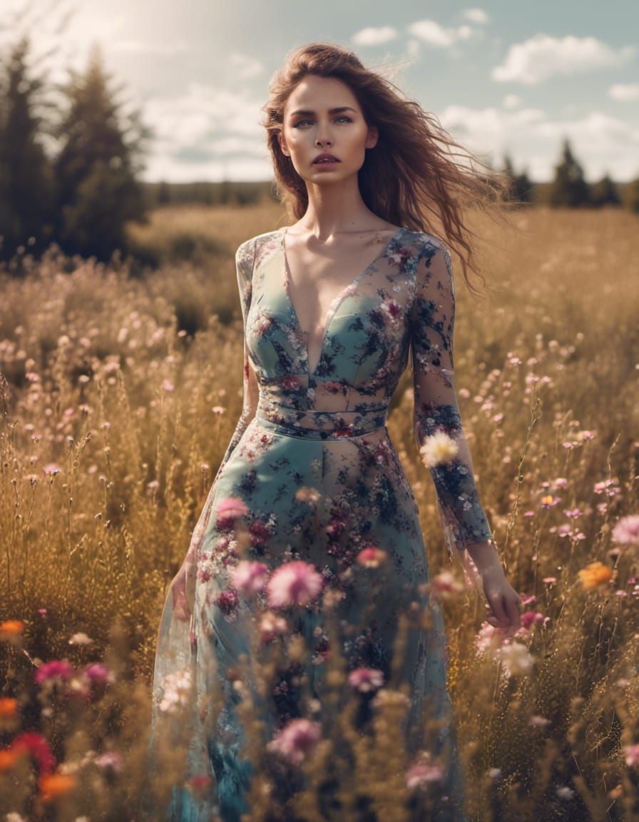 Woman in Wildflower Field with Galaxy Double Exposure