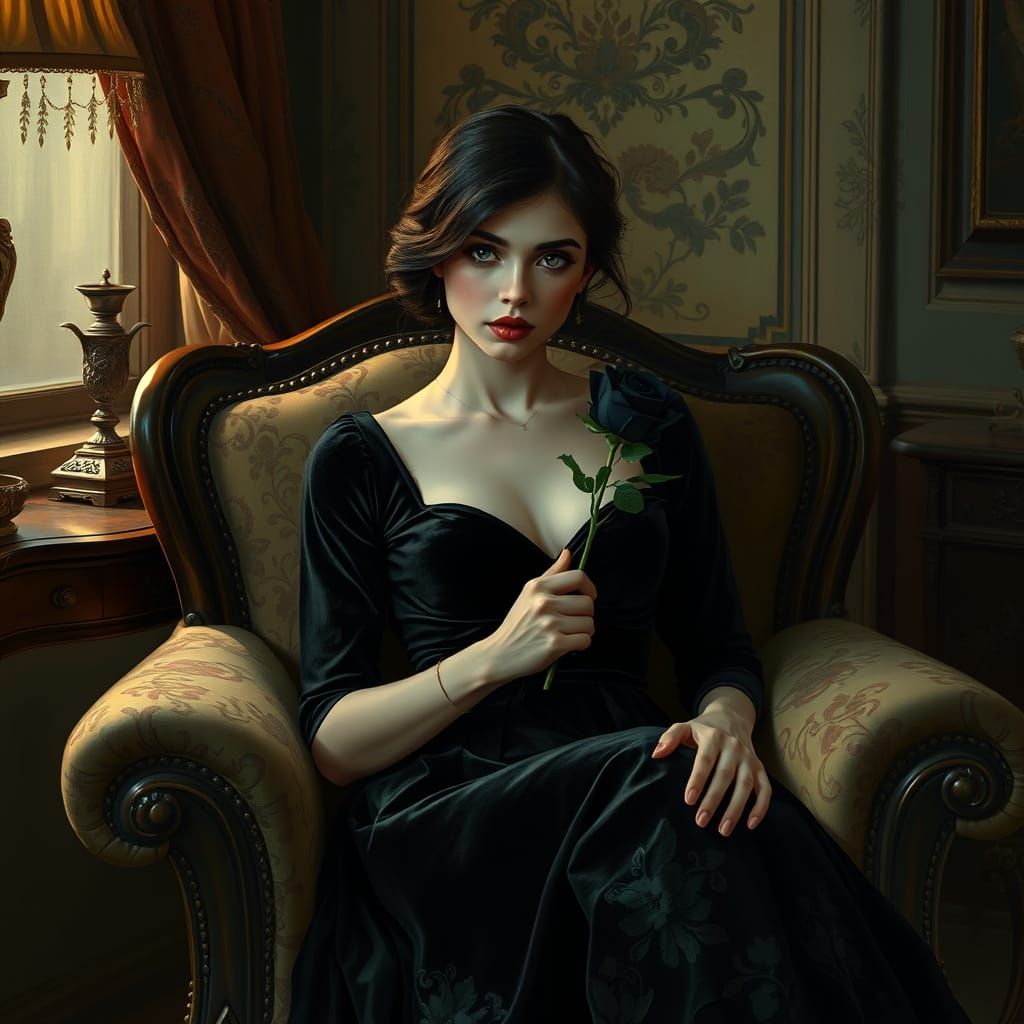 Elegant Woman in Velvet Dress, Holding Black Rose